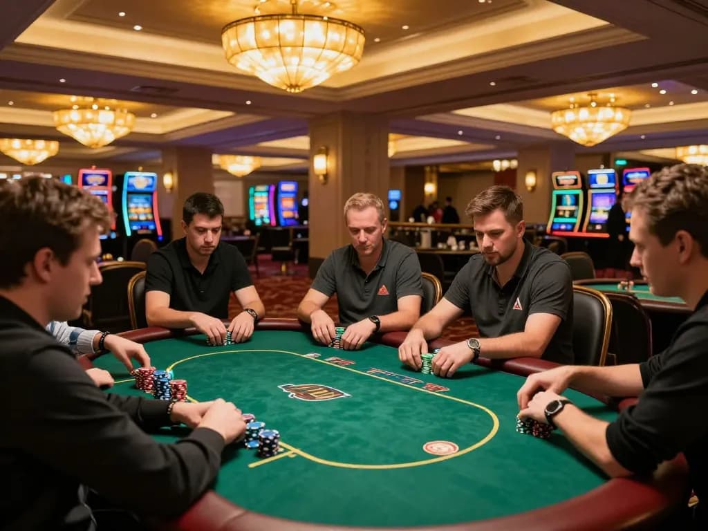XIBET players strategizing at an upscale poker table amidst intense gameplay