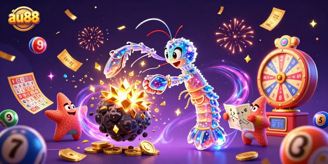 Experience the excitement of au88 with a galactic mantis shrimp amidst lottery balls and dazzling casino elements.