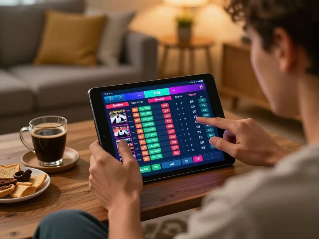 Engaging in live sports betting at https://kjc365.com/ with a tablet featuring updated odds in a cozy home setting.