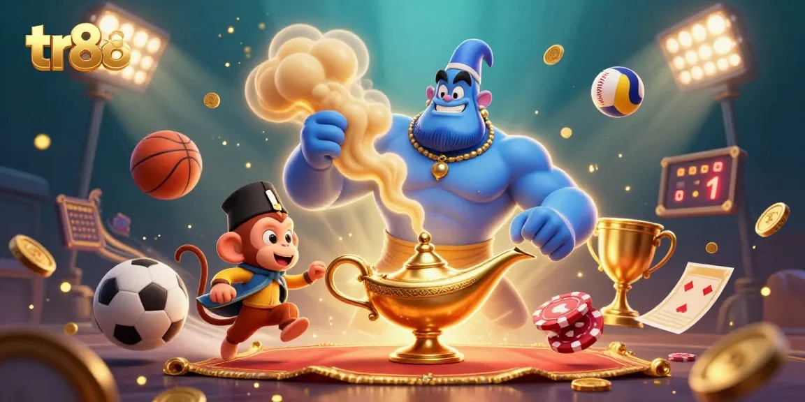 Win at gambling with tr88's vibrant 3D illustration showcasing exciting casino elements and magical characters.