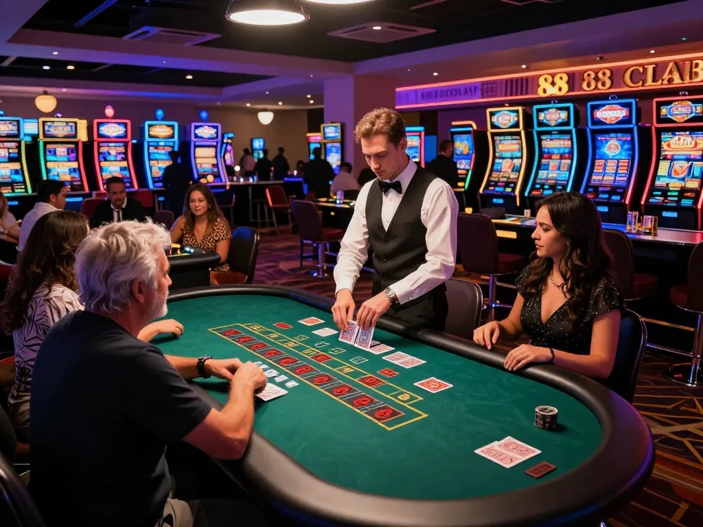 Players enjoying blackjack thrills at the 88 Club casino with colorful neon lights and a luxurious atmosphere.