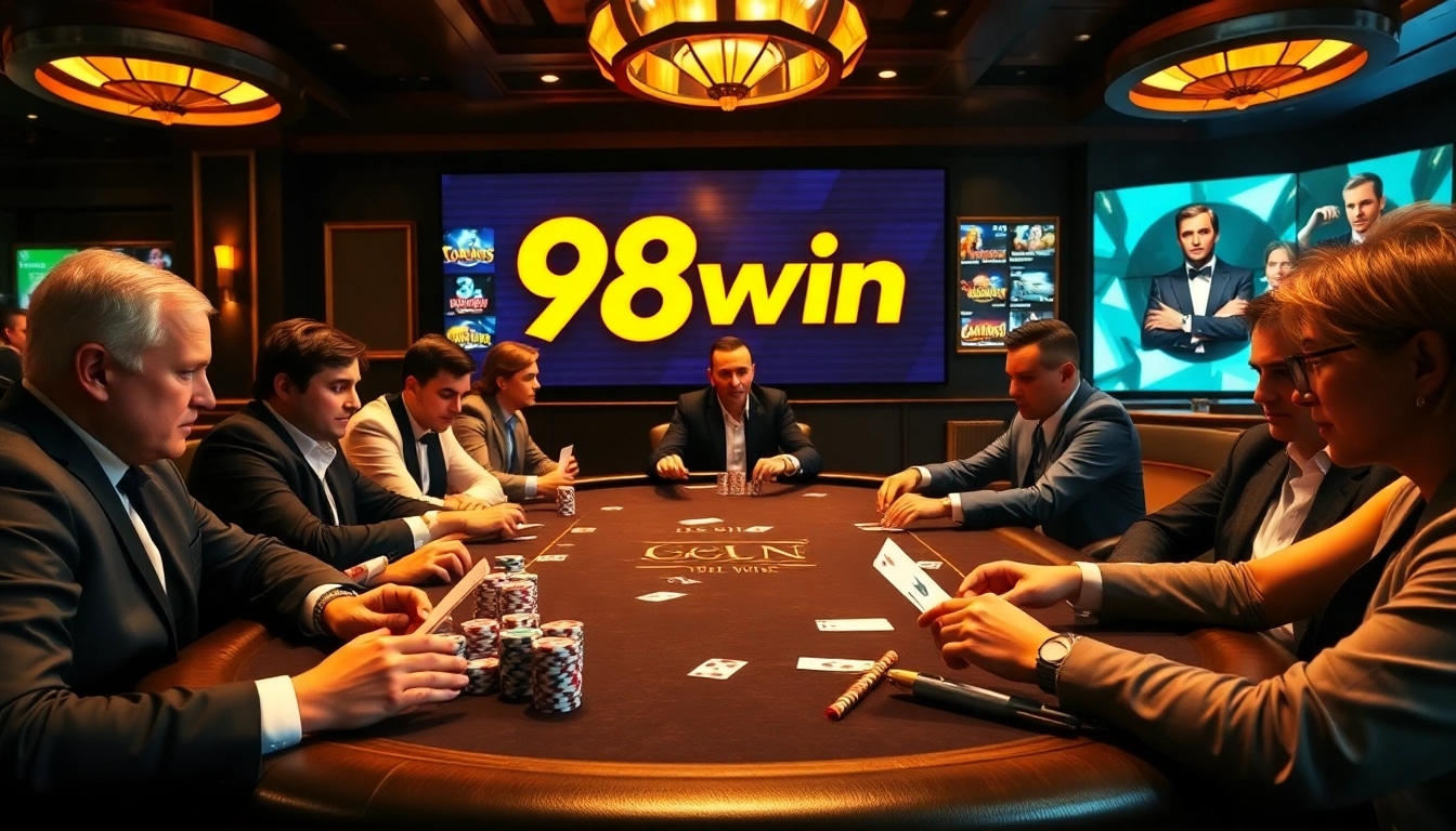 The ambiance of a professional poker game on 98win.com, featuring chips and cards in an exciting casino environment.