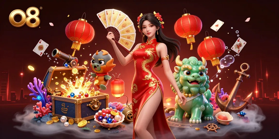 Play exciting games with o8 at a lavish casino, showcasing vibrant characters and appealing gaming elements.