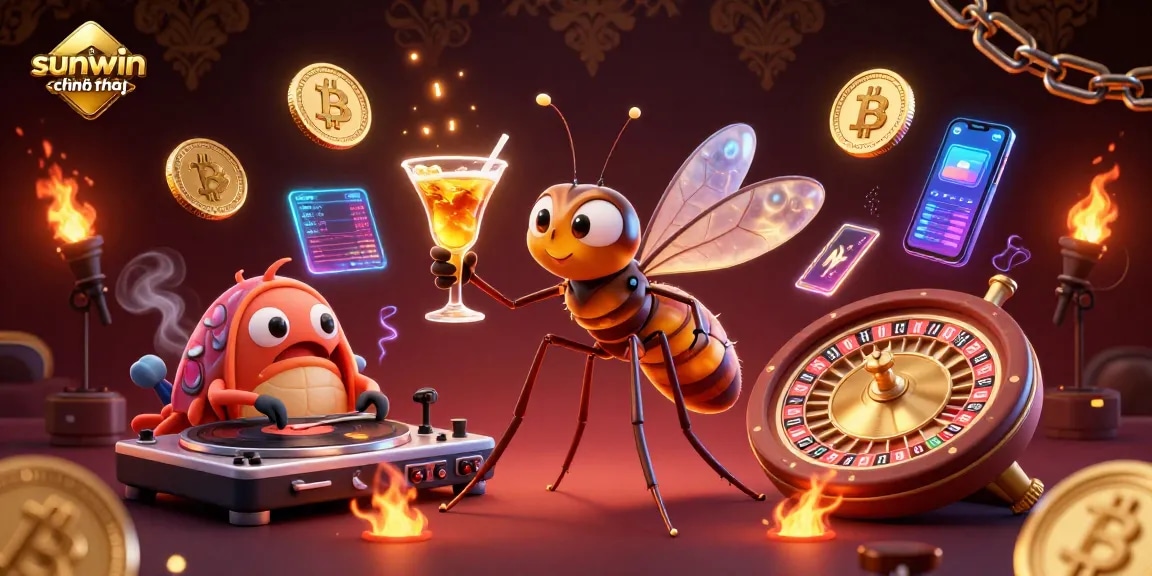 Experience the excitement of sunwin chính thức with a vibrant casino scene featuring a lively mosquito mascot.
