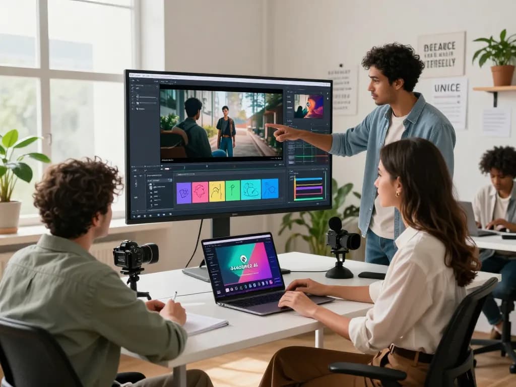 Collaborative content creators enhance their Seedance AI video projects in a dynamic office setting.