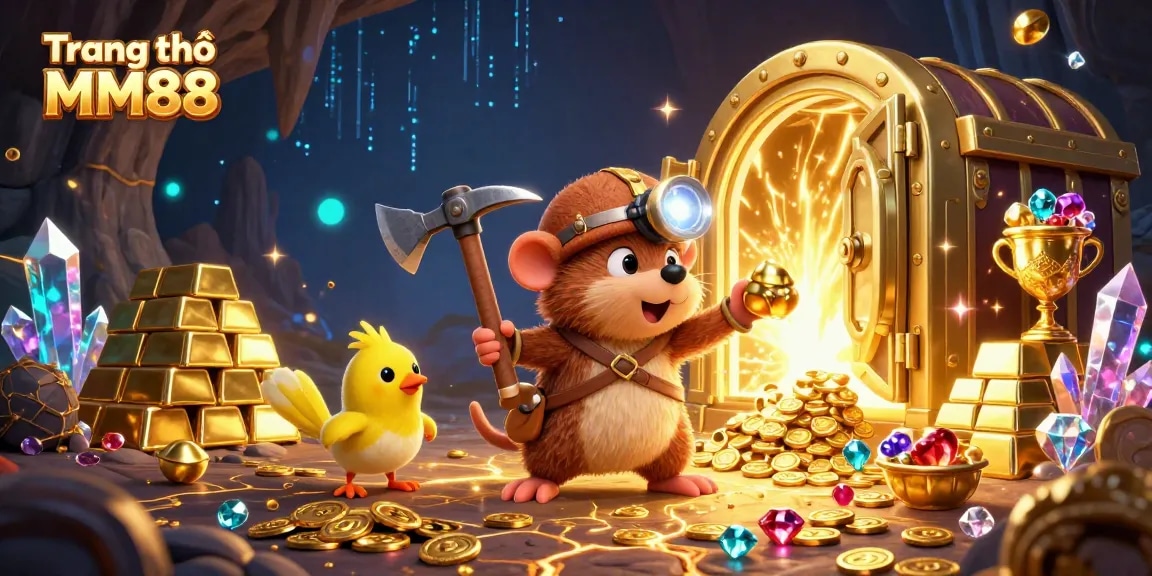 Win big at Trang chủ MM88 with interactive gaming, featuring treasure, gems, and vibrant casino elements.