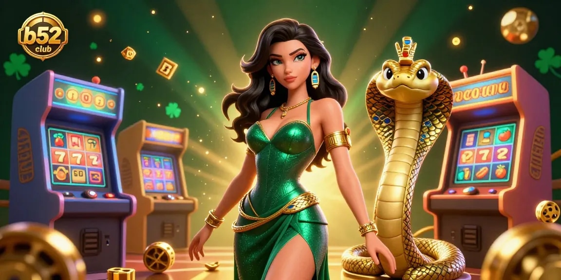 b52club offers thrilling jackpot slots action, featuring a captivating woman in an emerald gown with a golden cobra companion.