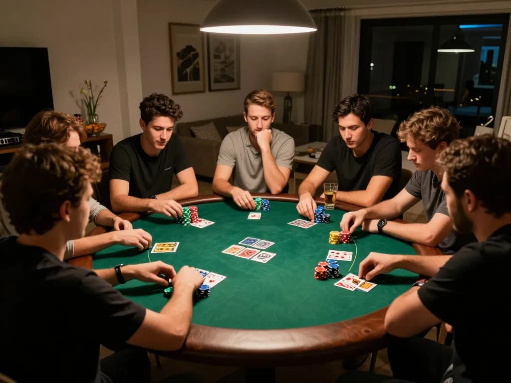Players enjoying a poker night with friends in cozy home setting featuring nhà cái FB88 atmosphere and engaging gameplay
