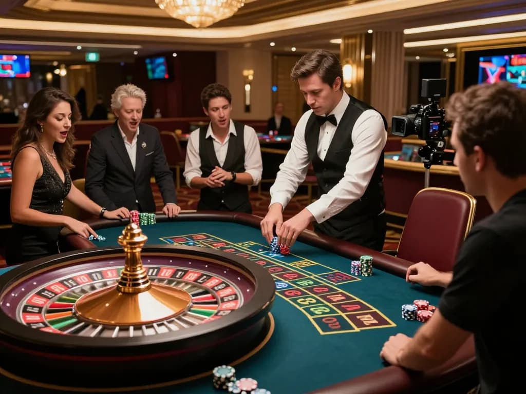 Fly88 players eagerly following a roulette spin in an upscale casino environment.