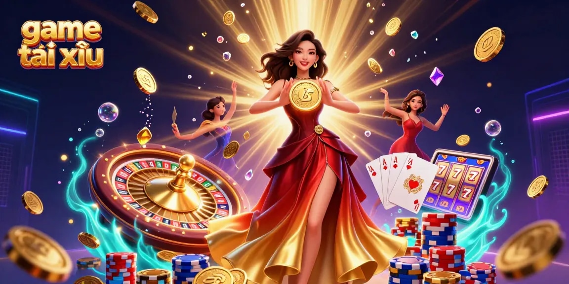 Experience the excitement of game tài xỉu with stunning visuals, including a dazzling Asian woman and vibrant casino elements.