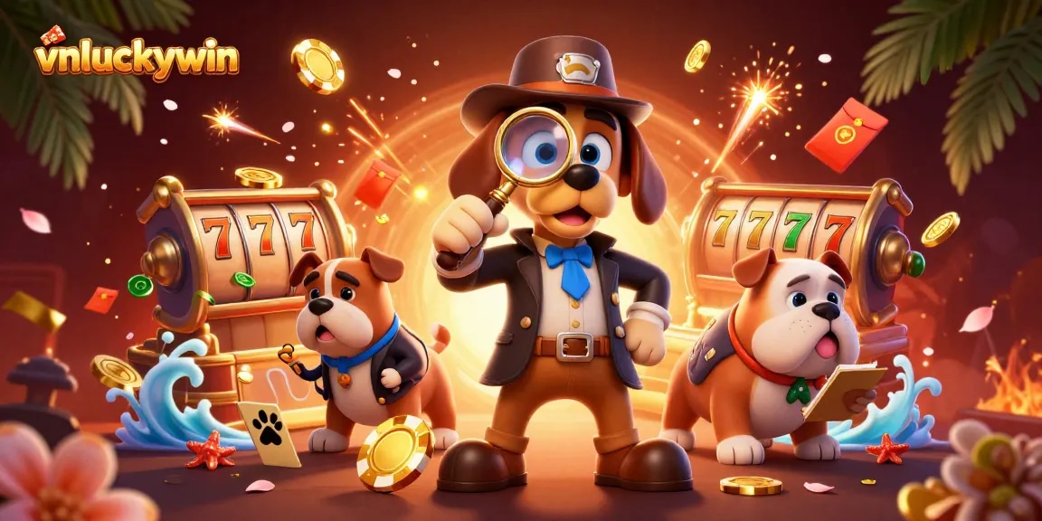 Experience the thrill of vnluckywin with a detective and bulldog uncovering poker treasures amidst vibrant casino elements.