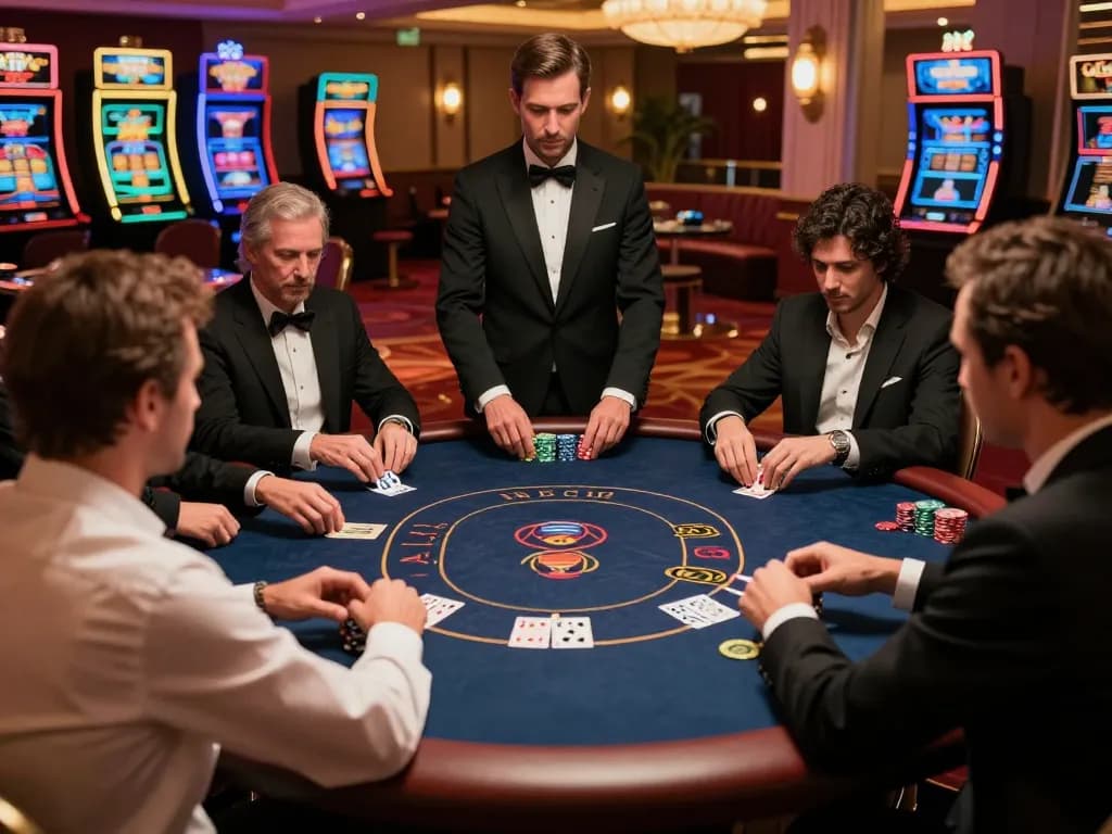 Players strategize at a high-stakes poker table in a vibrant casino, showcasing 9BET excitement.