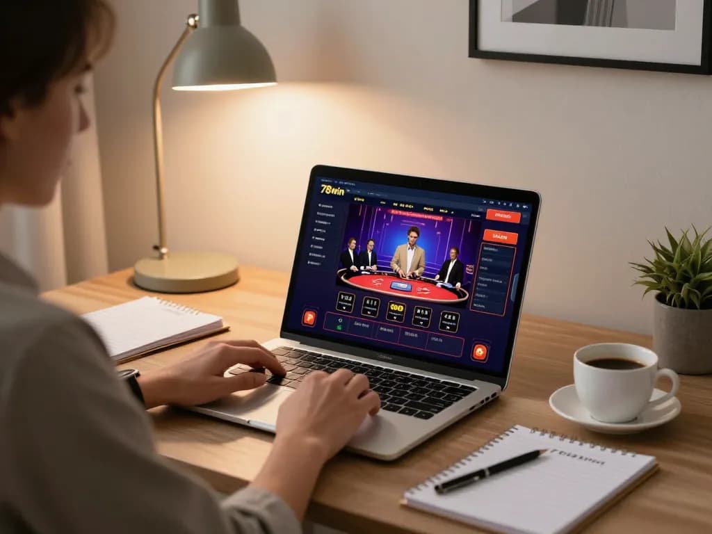 Engaging with 78winvina online gaming platform in a modern home office, highlighting strategic betting.