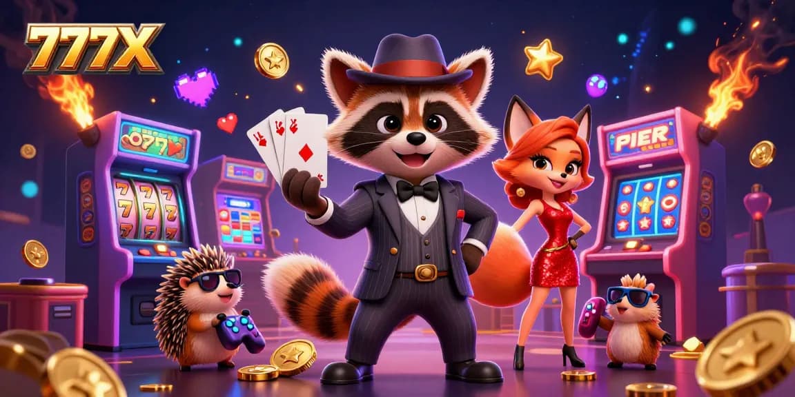 Experience exciting gameplay at 777X with a raccoon in a suit, holding winning cards amidst vibrant casino elements.