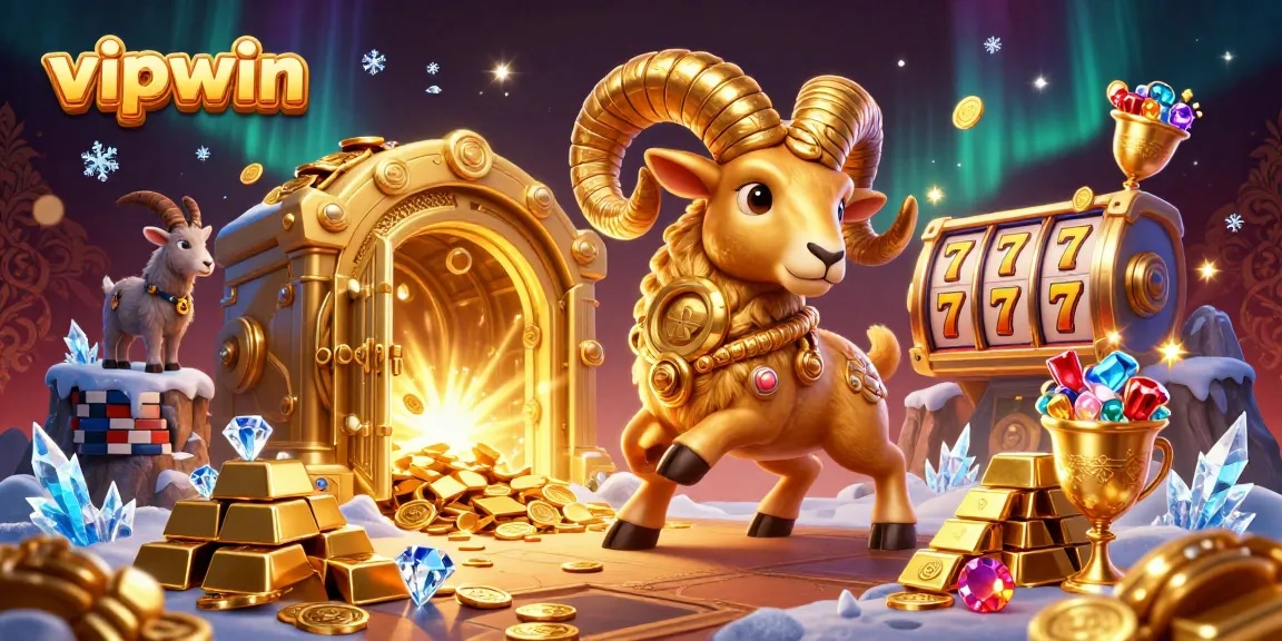 Experience thrilling gaming with vipwin's golden ram charging through a treasure-filled casino scene.