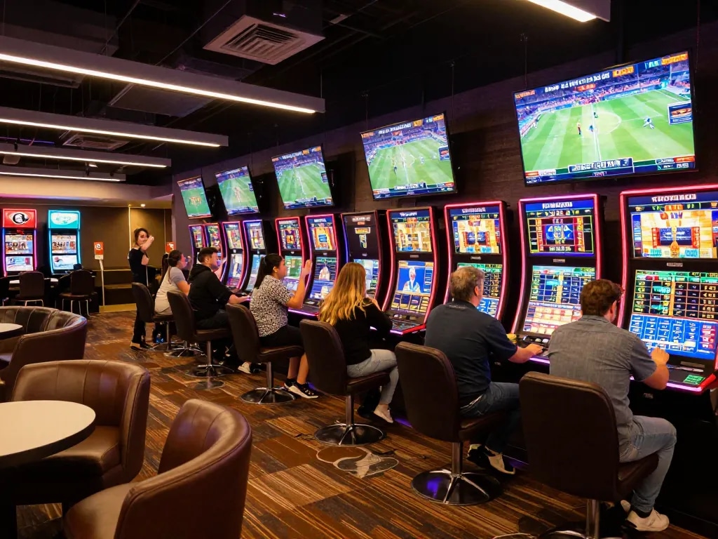 Dynamic scene of sports enthusiasts betting on 1gom with screens displaying live games in a vibrant casino lounge.