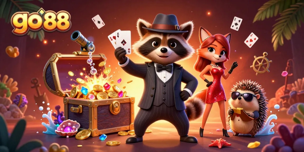Experience the thrill of go 88 with dynamic characters and vibrant gambling elements in this rich 3D illustration.