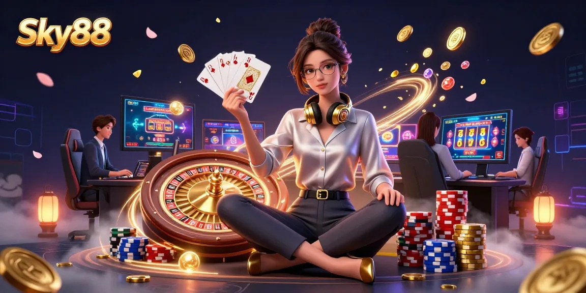 Engage with Sky88's exciting gaming experience featuring a professional gamer in a high-tech casino setting.