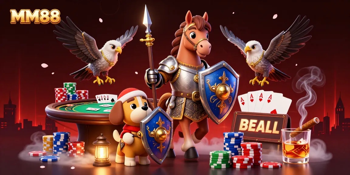 Engage with MM88's rich gambling experience featuring poker elements and adventurous characters.