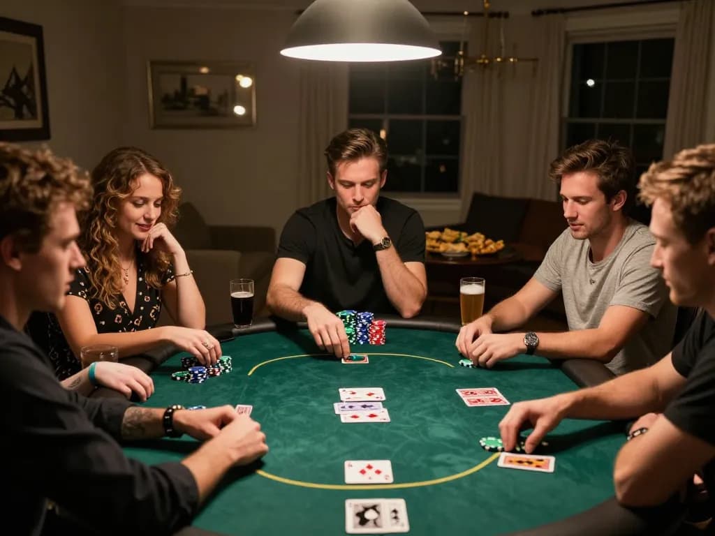 79 king players strategizing during a friendly home poker game with cards and chips on display.