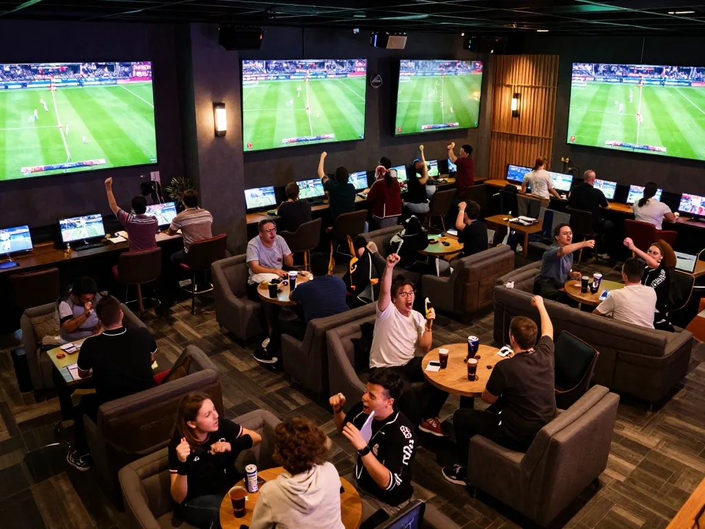 Socolive sports enthusiasts engaging in live betting action while watching thrilling soccer games.