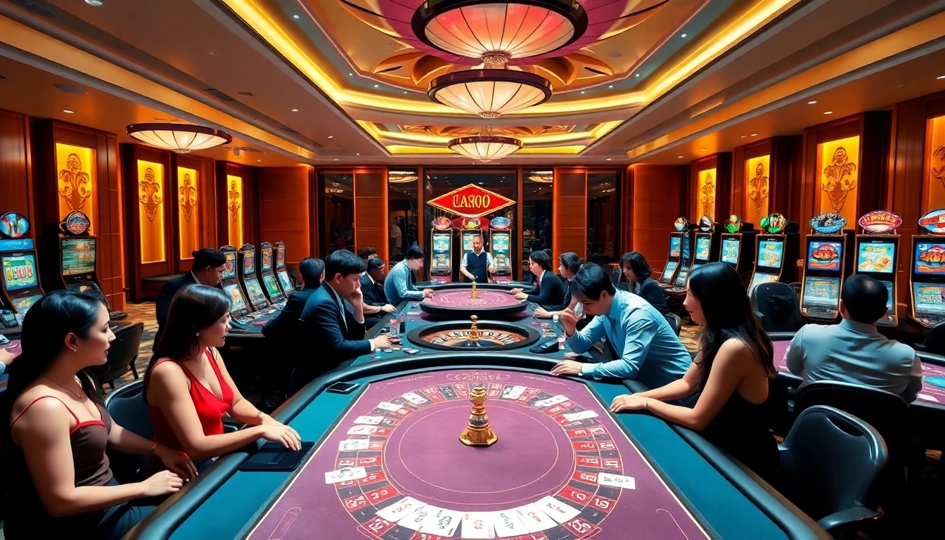 Exciting gameplay at nhà cái jun88 with diverse players engaging at luxury casino tables.