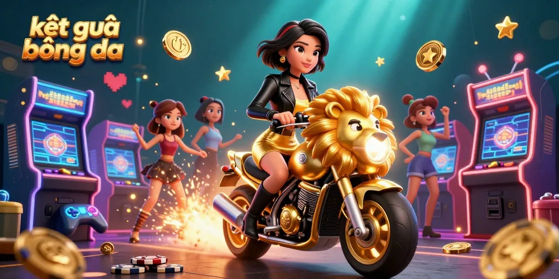Experience the thrill of kết quả bóng đá with a captivating 3D illustration of a glamorous woman riding a golden lion mascot.