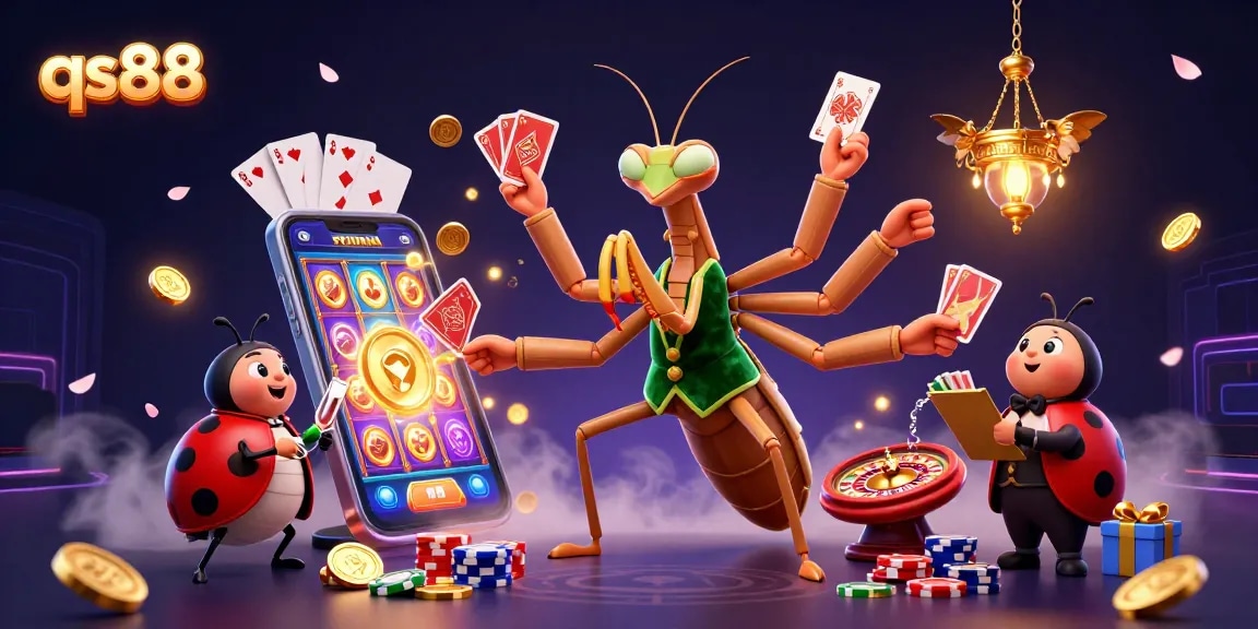 Experience the excitement at qs88 with a giant praying mantis card sharp and vibrant gaming elements in a lively casino scene.