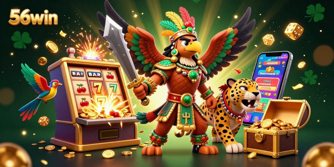 Experience high-stakes excitement with 56win's vibrant 3D casino scene filled with jackpots and winning symbols.
