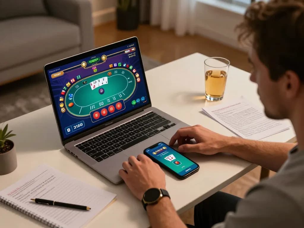 Engaged player using 789bet for an online poker game at home, showcasing strategic betting.