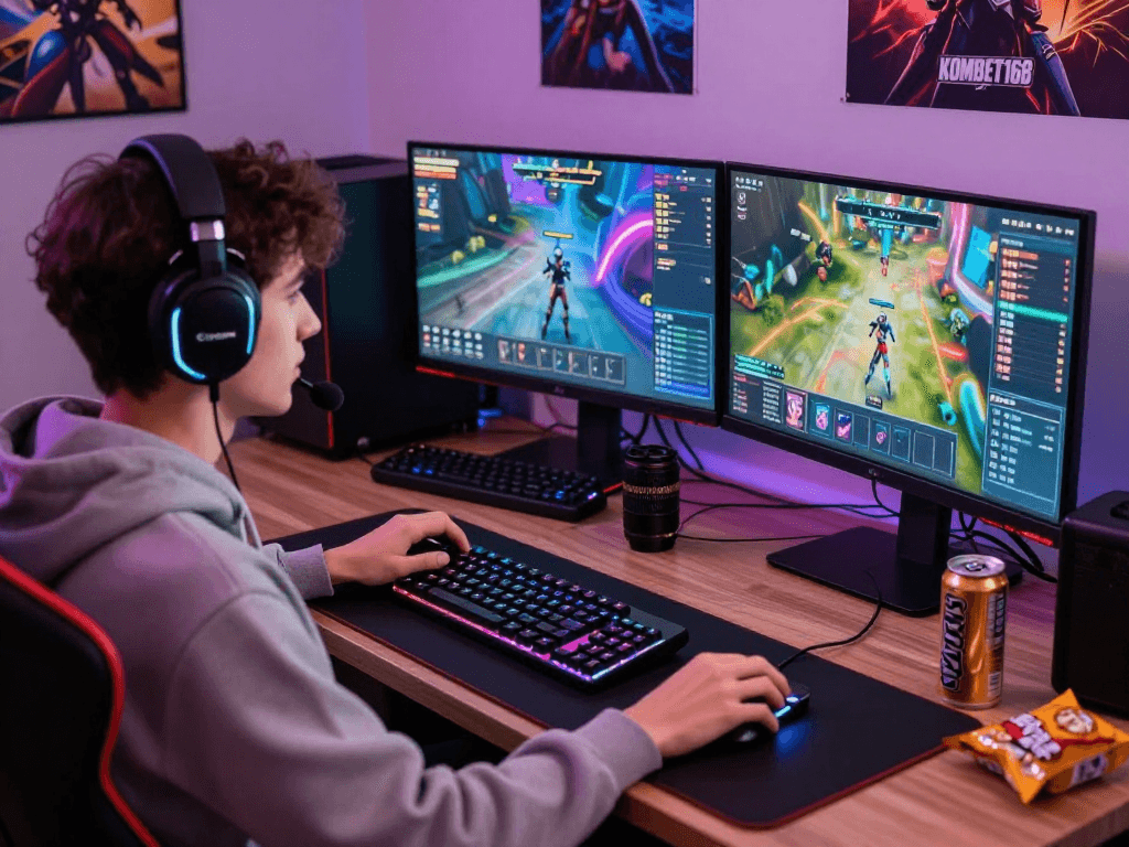 KOMBET168 gaming experience with a young adult immersed in digital gameplay, vibrant setup and accessories.