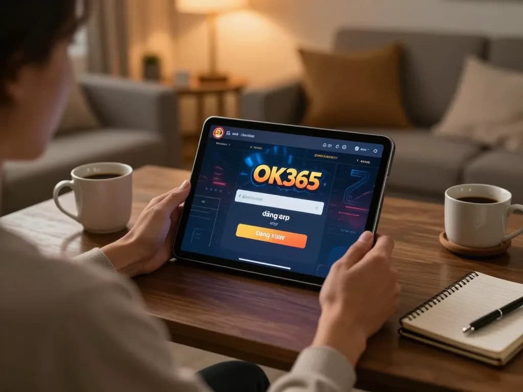 Engaging online casino gaming scene demonstrating OK365 đăng nhập on a tablet in a cozy home setting