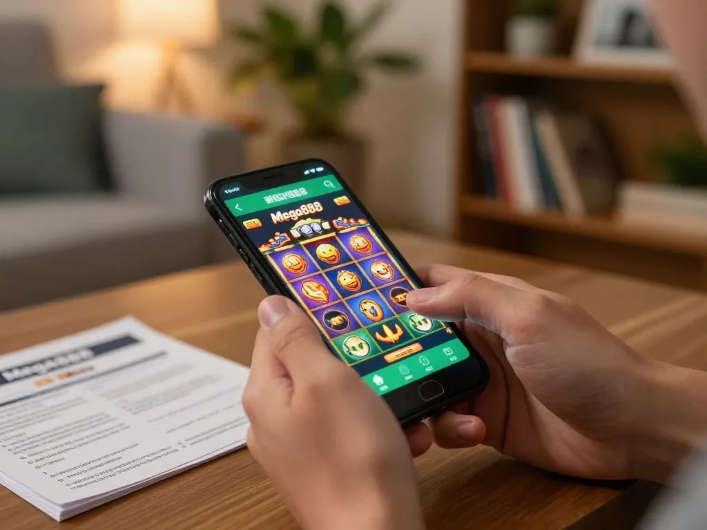 Player enjoying apk mega888 on smartphone in cozy living room with gaming strategy notes nearby