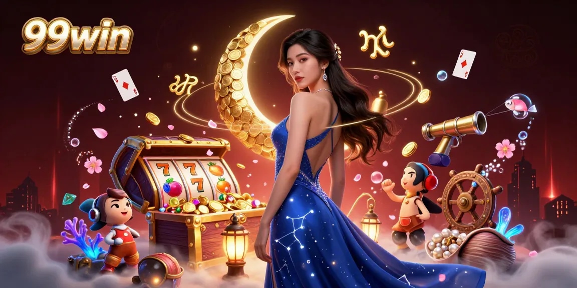 Engage with 99win's electrifying casino scene featuring dynamic slot elements and a stunning Asian character.