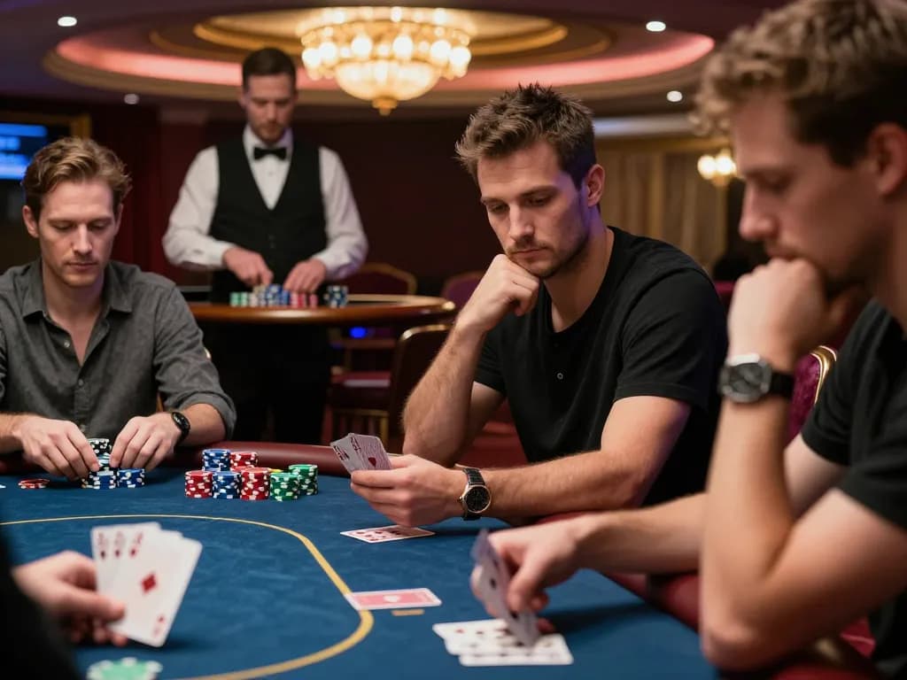 DABET players engaged in a high-stakes poker game, showcasing strategic gameplay and excitement