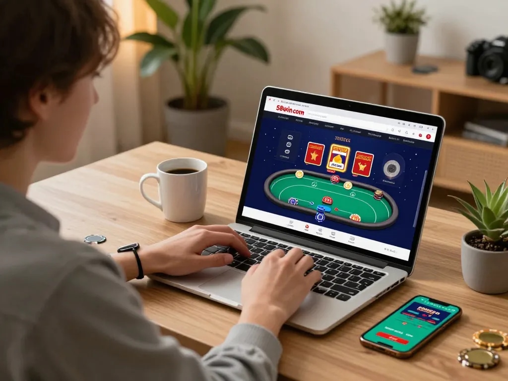 Engaged player using 58win com for online poker gaming on laptop with cozy decor.