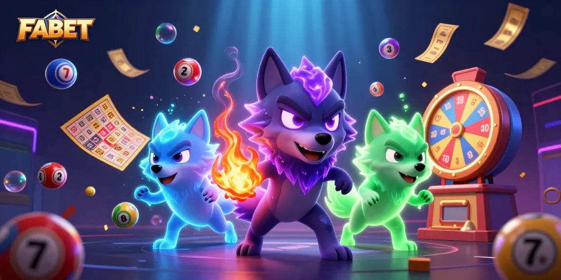 Join FABET's thrilling lottery experience with energetic wolves and colorful game elements.
