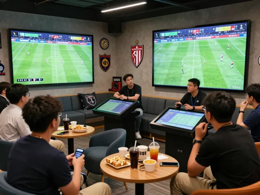 Football analysts using nowgoal for live data analysis in a vibrant sports lounge