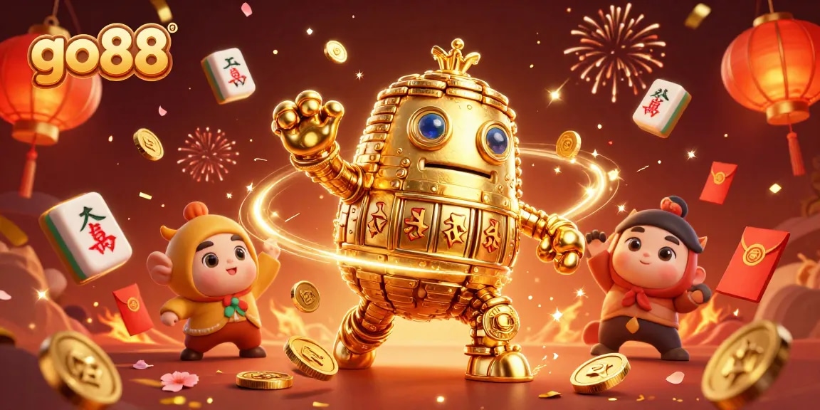 Experience the excitement of go88 with a golden golem surrounded by festive casino elements.