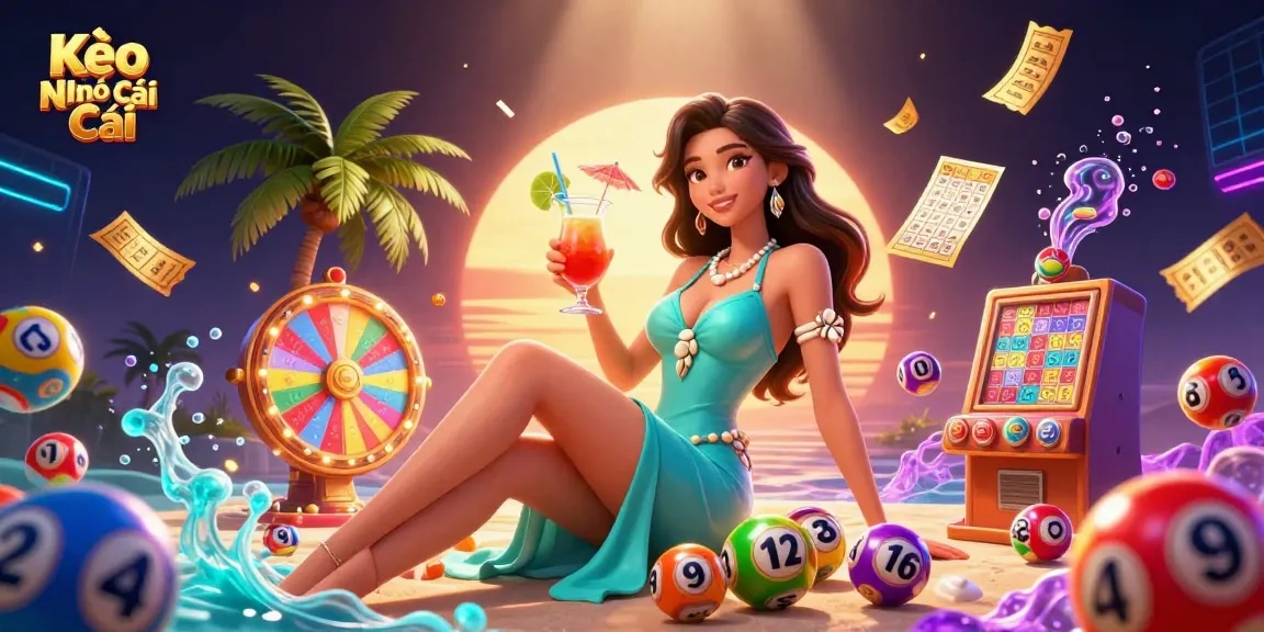 Kèo Nhà Cái showcases an engaging tropical casino scene with vibrant lottery elements and a glamorous character enjoying a cocktail.