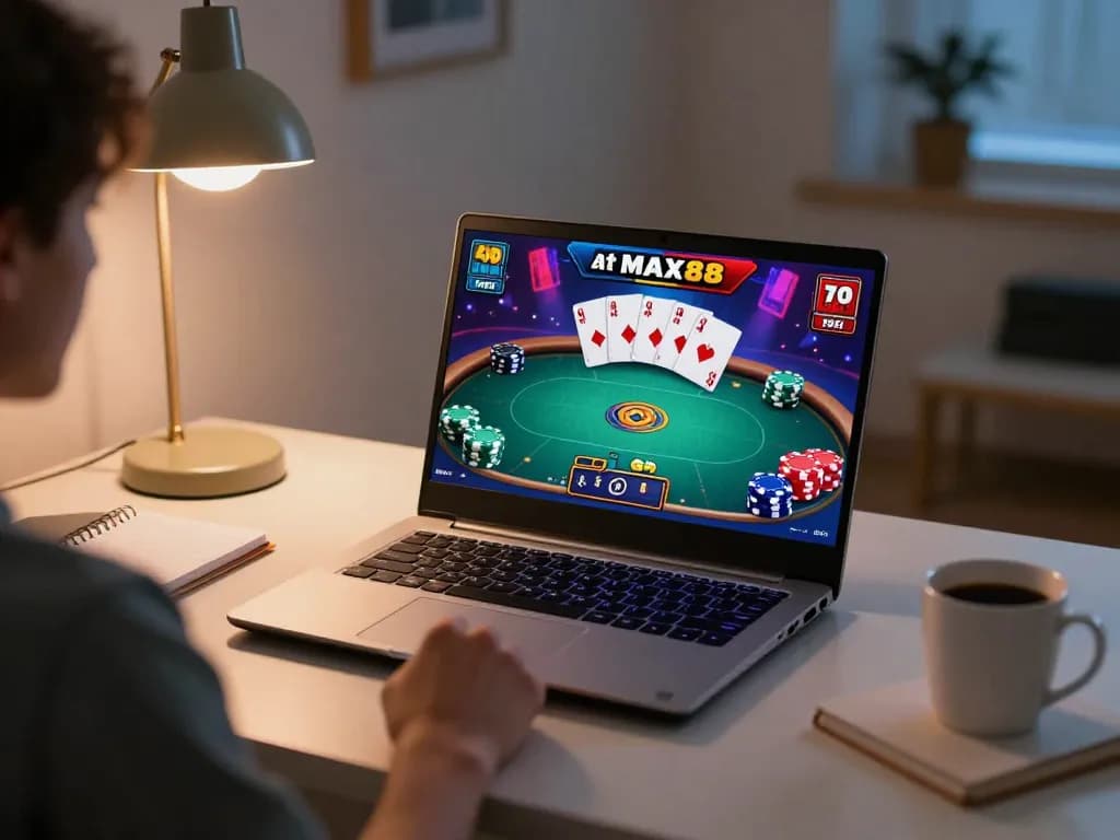 Engaging online poker gameplay at MAX88 featuring a player at a stylish home desk.