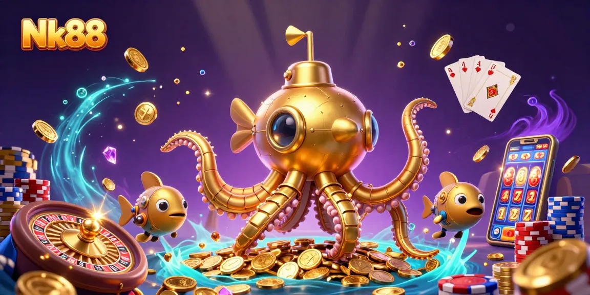 Immerse in Nk88's golden underwater world with vibrant casino elements for an exciting gaming experience.