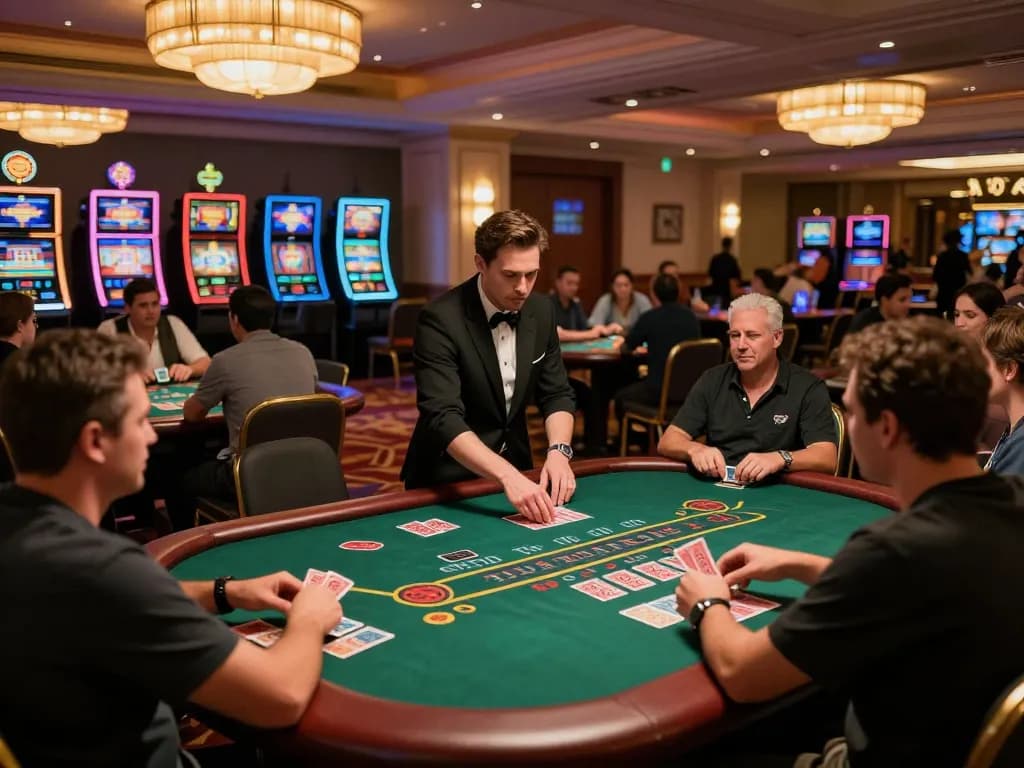 Players strategizing at nhà cái lv88 blackjack tables under warm casino lighting.
