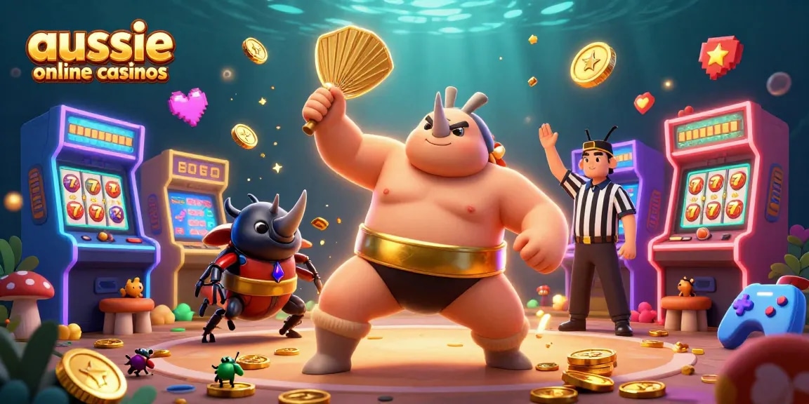 A dynamic scene showcasing a sumo beetle champion amidst aussie online casinos, sending coins flying in a colorful arcade