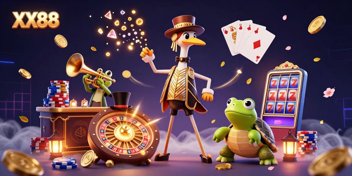 Experience excitement at XX88 with a vibrant casino scene filled with characters, coins, and action!