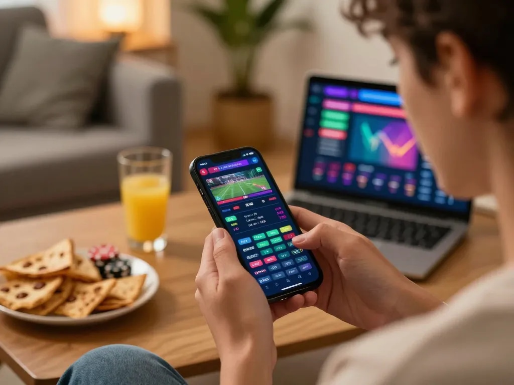 Engaging player using 33win for live sports betting excitement at home in a modern setting.