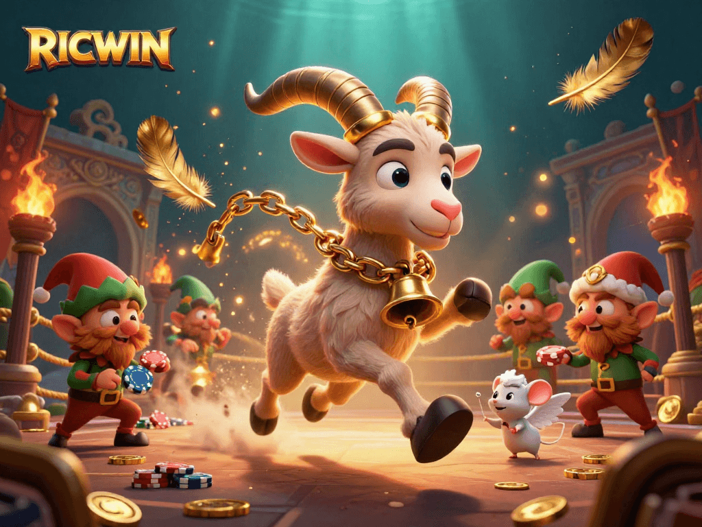 Experience high-stakes fun at RICWIN with a Krampus goat and mischievous elves in a festive casino.