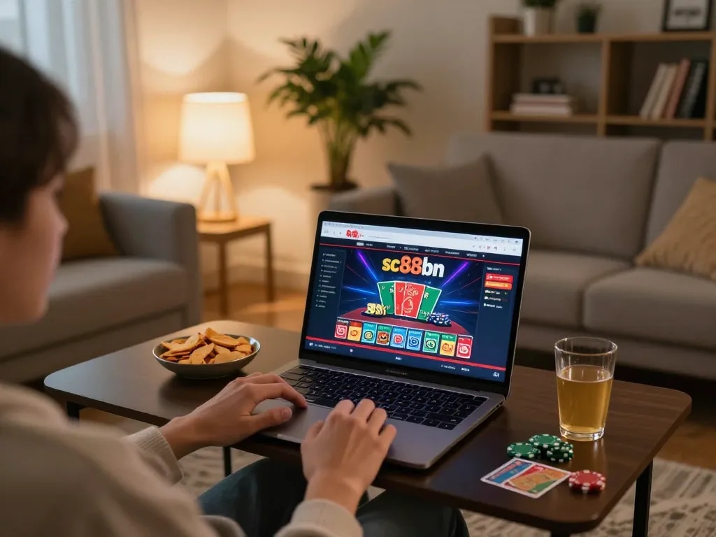 Engaging in an online gaming session at sc88bn, showcasing vibrant casino graphics and comfortable setting.