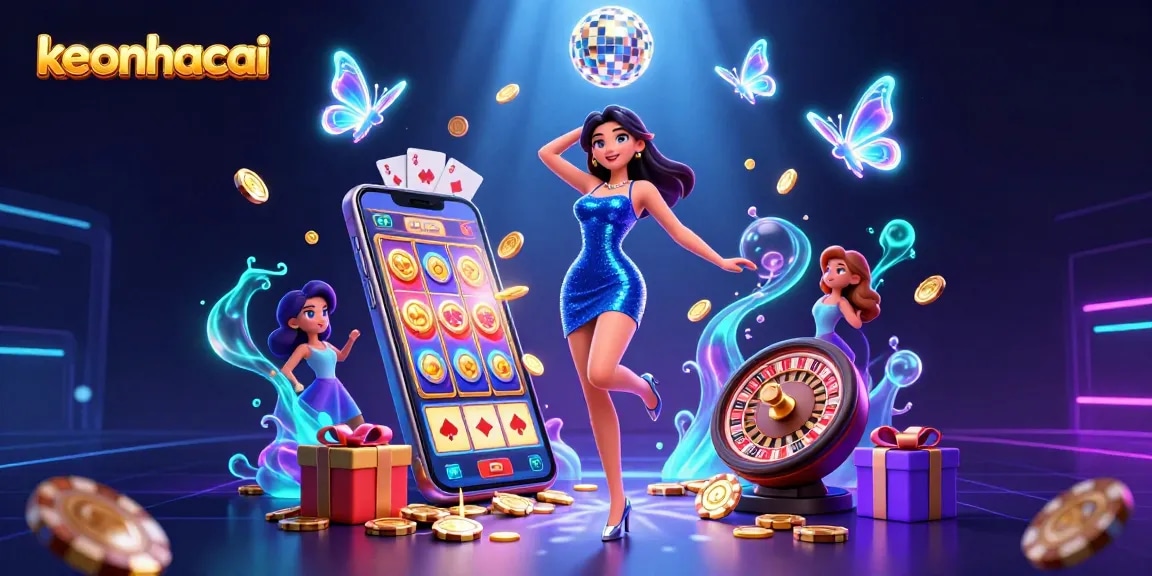 Engage with exciting gameplay at keonhacai, featuring a vibrant illustration of casino elements and actions.