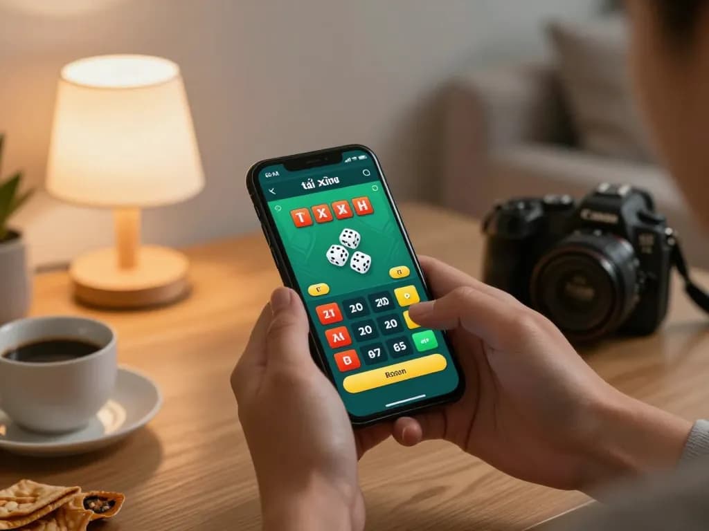 Engaging with tài xỉu online on a smartphone in a cozy home setting, showcasing the app interface and betting excitement.